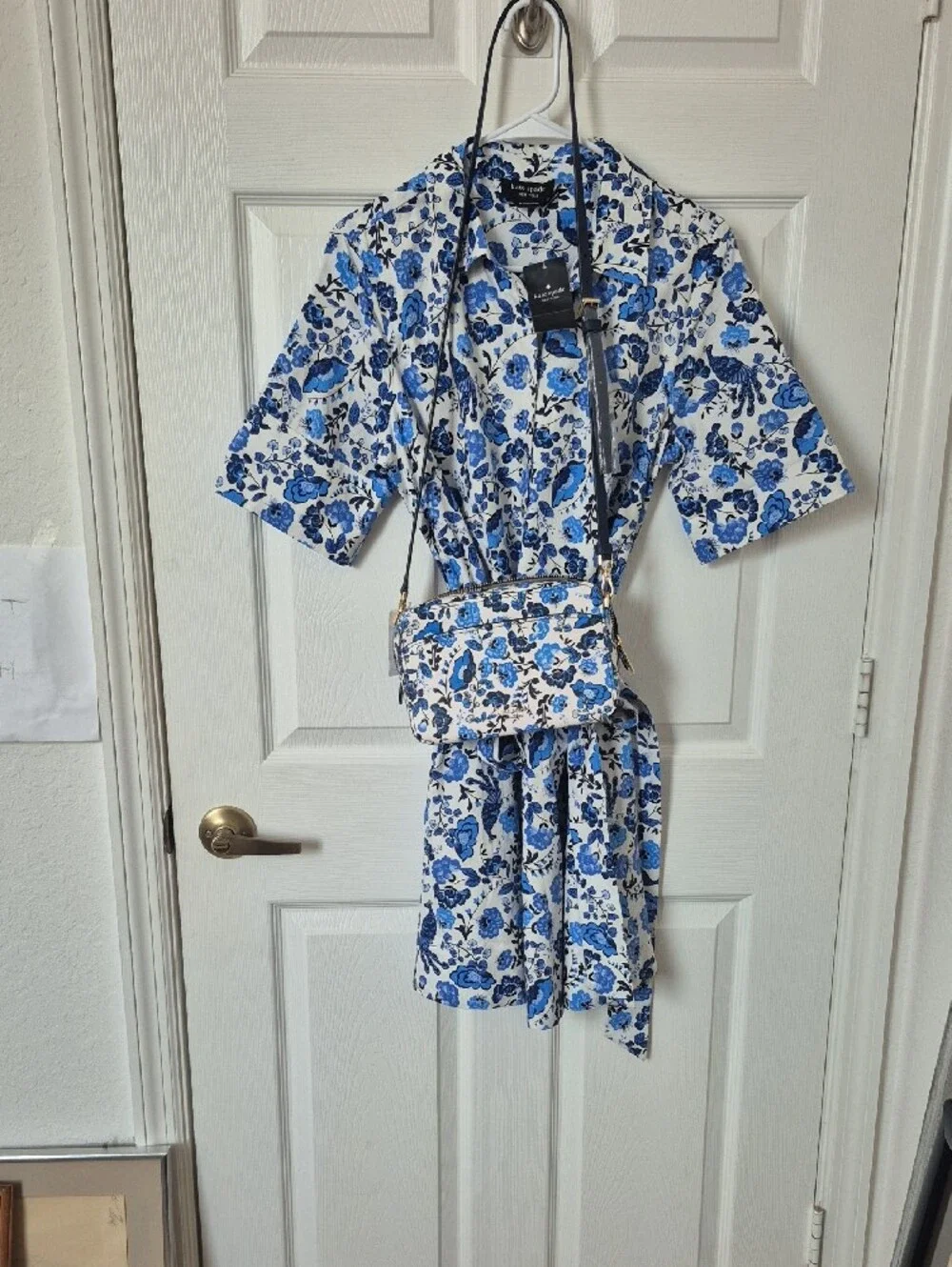 Nwt Kate Spade Short Blue Peacock Floral Shirt Dress with Tie Waist